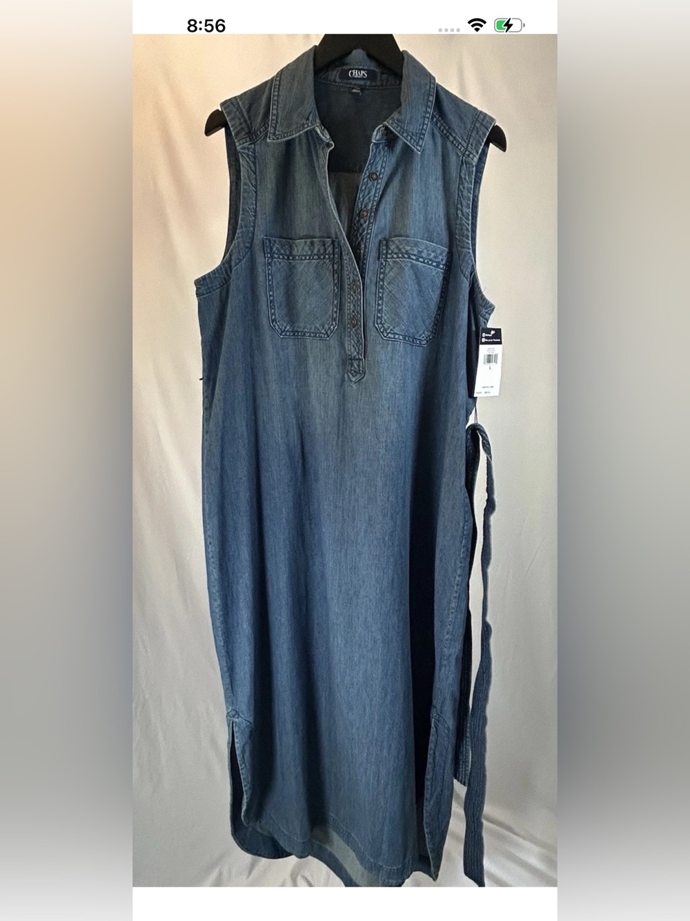 NWT Chaps Blue Denim Maxi Shirt Dress with Waist Tie - Picture 8 of 9